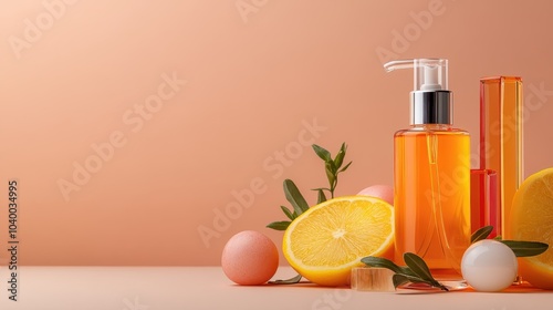 An orange-tinted skincare bottle with a pump alongside sliced citrus fruits and green leaves suggests themes of natural freshness and rejuvenation. photo