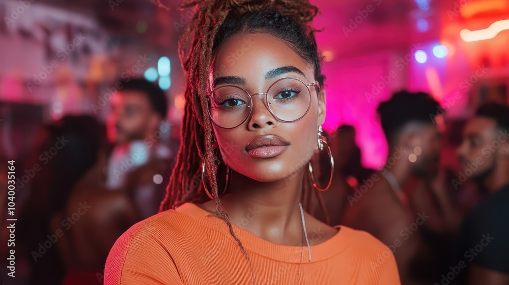 A fashionable woman wearing glasses and an orange top stands confidently at a lively nightclub, highlighted by vibrant and colorful lights all around. A fashionable woman wearing glasses and an orange top stands confidently at a lively nightclub, highlighted by vibrant and colorful lights all around.