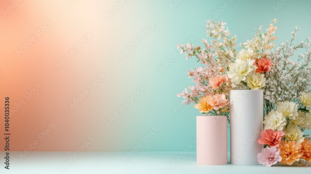 An uplifting floral display showcasing vibrant flowers in various hues behind a pastel gradient backdrop, evoking feelings of joy and optimism through lively colors. An uplifting floral display showcasing vibrant flowers in various hues behind a pastel gradient backdrop, evoking feelings of joy and optimism through lively colors.