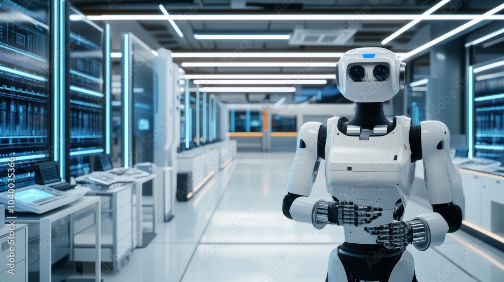 A robot conducting automated data entry in a modern data processing center with clean, organized data entry stations and advanced data handling systems, Data entry tech style A robot conducting automated data entry in a modern data processing center with clean, organized data entry stations and advanced data handling systems, Data entry tech style