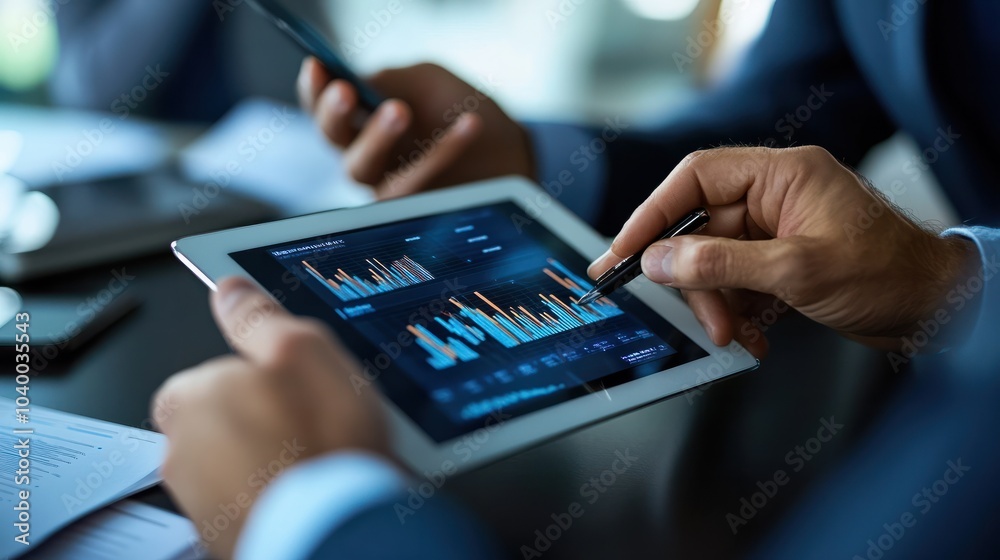Data analysts discussing AI predictions with charts displayed on a tablet Data analysts discussing AI predictions with charts displayed on a tablet