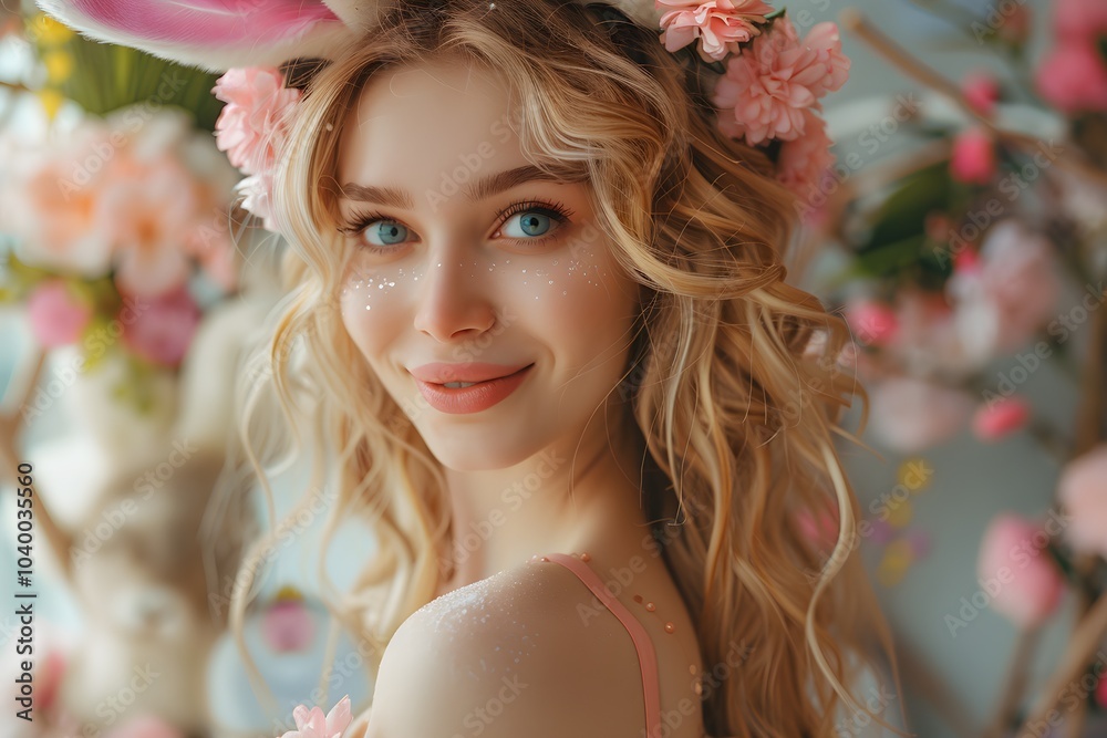 A woman with bunny ears and flowers in her hair A woman with bunny ears and flowers in her hair