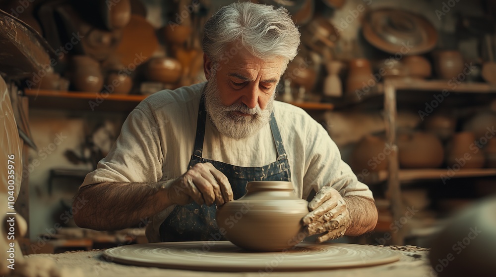 image of male craftsman working on potters wheel at pottery studio image of male craftsman working on potters wheel at pottery studio