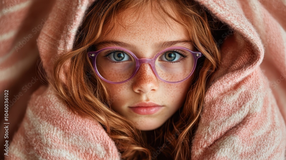 A young girl with striking purple glasses is wrapped in a cozy, striped blanket, presenting a snapshot of warmth and individuality on a chilly day. A young girl with striking purple glasses is wrapped in a cozy, striped blanket, presenting a snapshot of warmth and individuality on a chilly day.