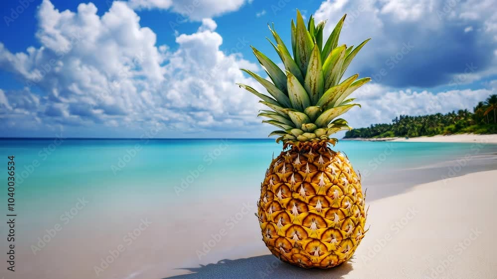 A pineapple sits on a white sand beach with turquoise water and a blue sky with clouds A pineapple sits on a white sand beach with turquoise water and a blue sky with clouds