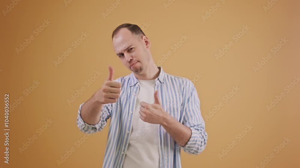 Confident man joyfully posing with double thumbs-up positive sign about success Confident man joyfully posing with double thumbs-up positive sign about success