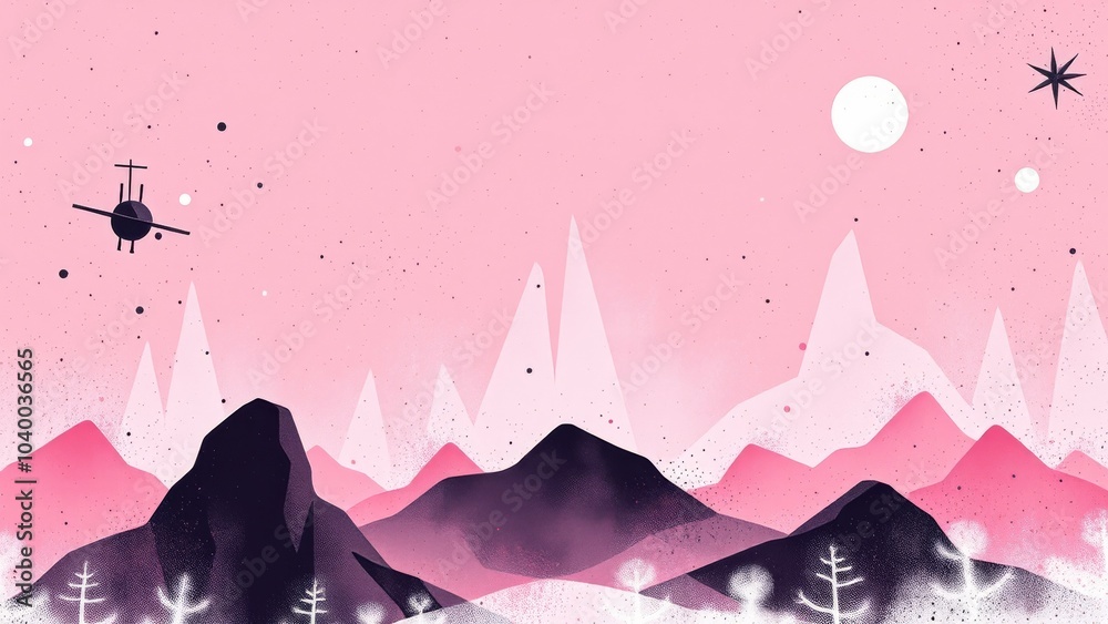 Obraz premium Pink mountain range with a spaceship