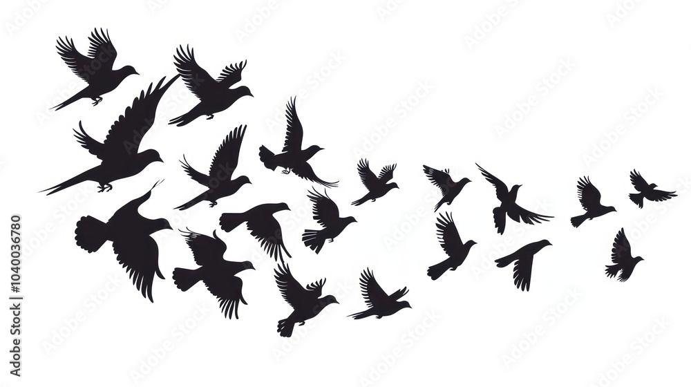 Silhouetted birds in flight formation Silhouetted birds in flight formation