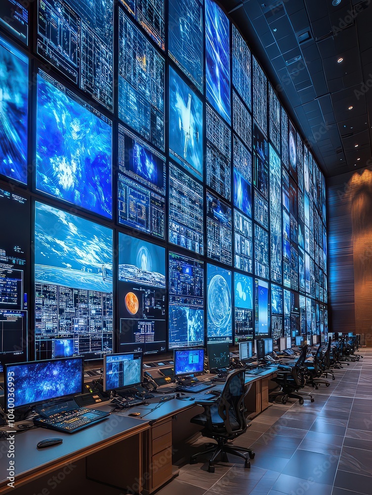 Large-scale tech control center with rows of screens displaying data, used for monitoring and analysis in real time. Large-scale tech control center with rows of screens displaying data, used for monitoring and analysis in real time.