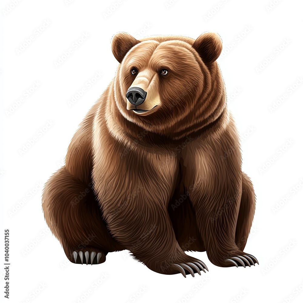 A realistic, digital illustration of a brown bear sitting confidently, showcasing its thick fur and distinct facial features. A realistic, digital illustration of a brown bear sitting confidently, showcasing its thick fur and distinct facial features.