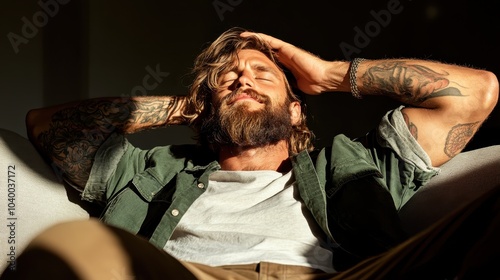 A tattooed man is relaxing on a couch, his hair messy, clad in a plaid shirt, exuding a carefree vibe, with sunlight streaming through a window illuminating his details. photo