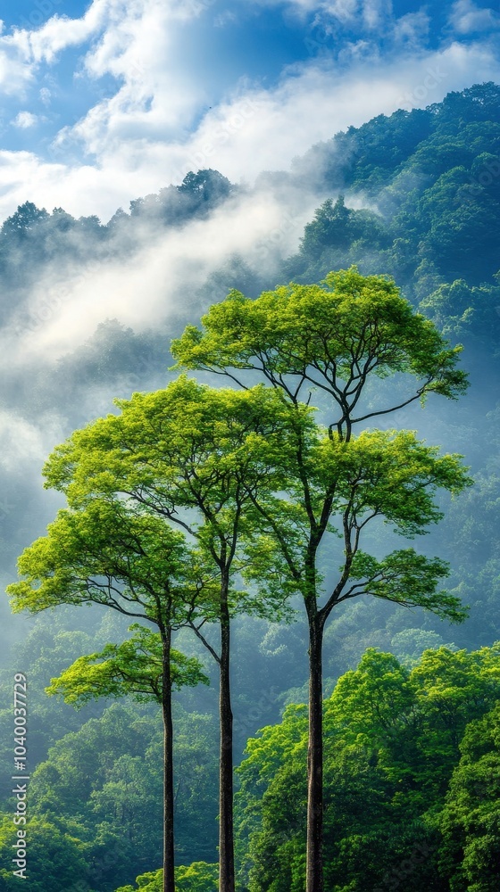 A dense forest with trees fading into a background of industrial smoke, nature being consumed by pollution A dense forest with trees fading into a background of industrial smoke, nature being consumed by pollution
