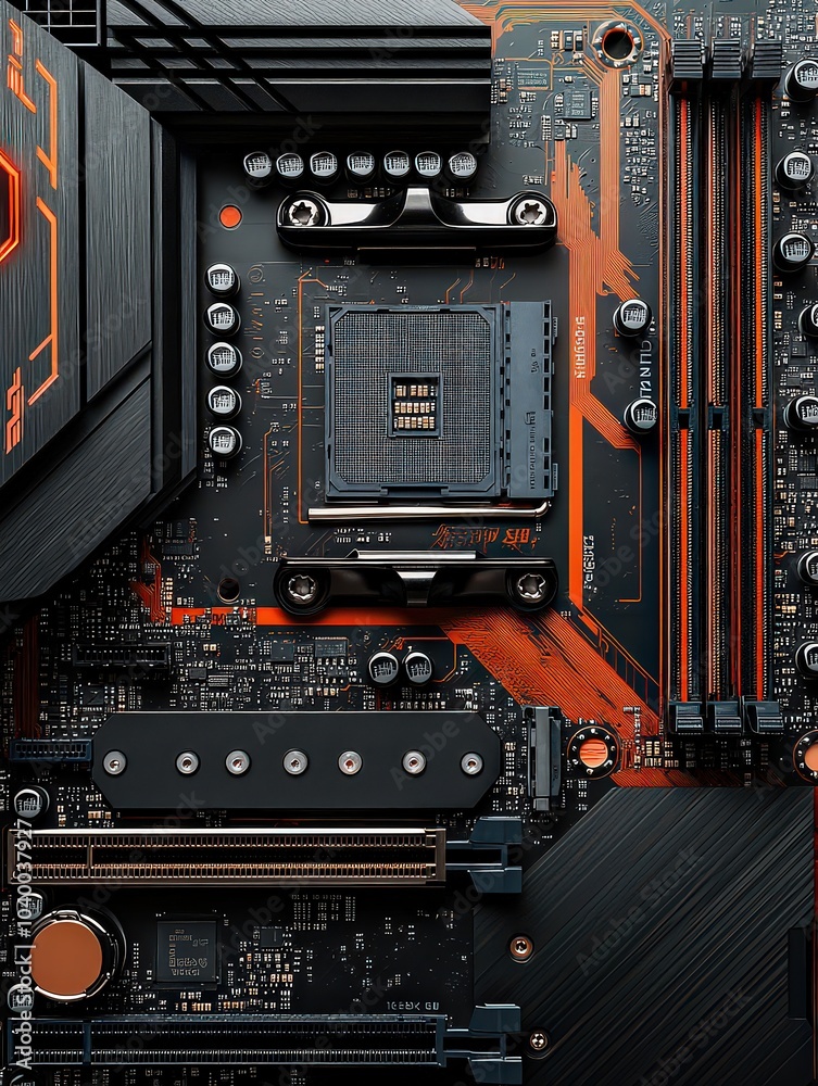 Fototapeta premium Close-up of orange-accented motherboard showcasing intricate details of modern computing hardware.