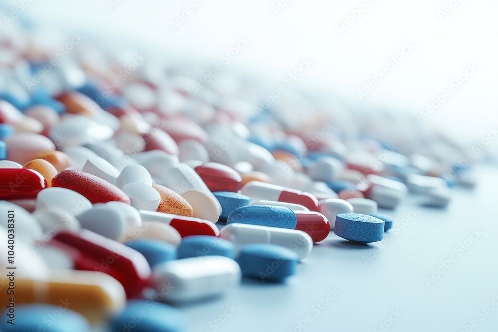 A close-up view of various colorful pills scattered across a table in natural light A close-up view of various colorful pills scattered across a table in natural light