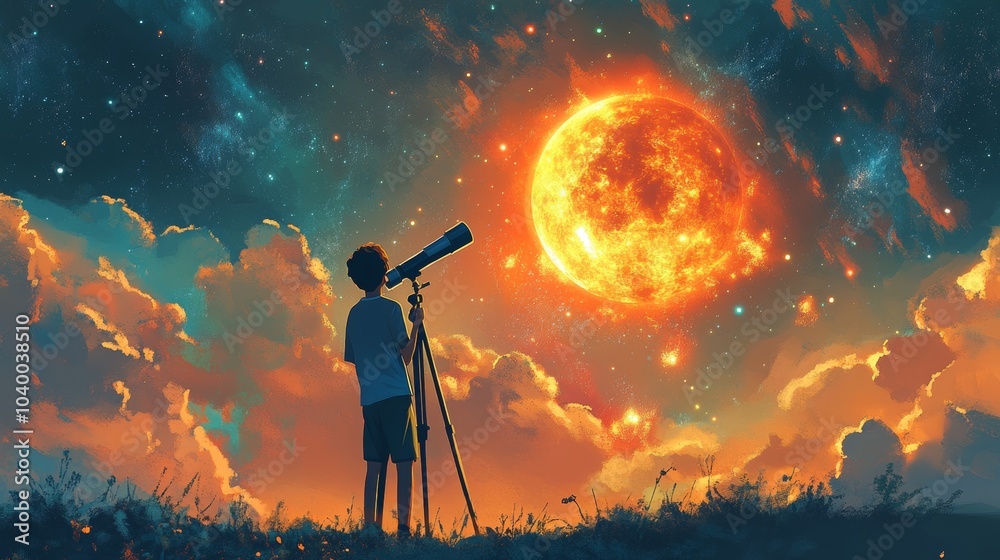 Student observing the sun through a telescope at a school science fair, showcasing curiosity and engagement in solar science exploration Student observing the sun through a telescope at a school science fair, showcasing curiosity and engagement in solar science exploration