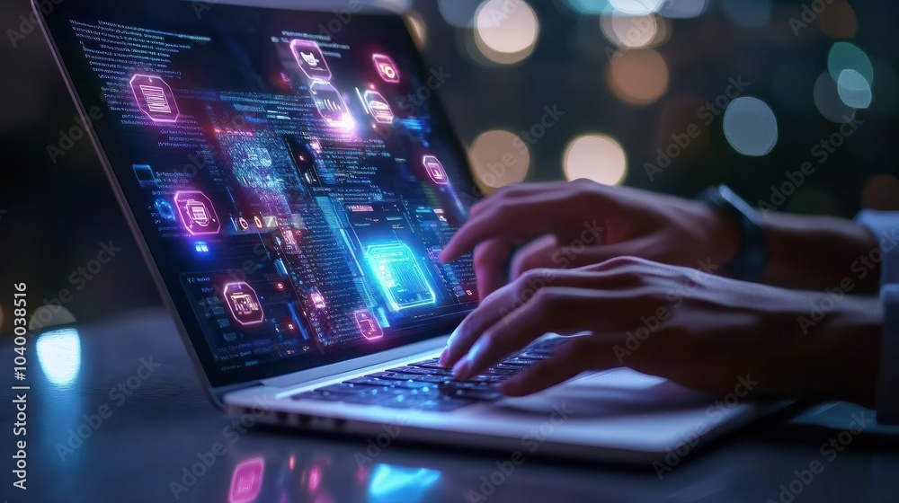Digital transformation, IoT, Internet of Things, Software technology development concept. Software engineer coding on laptop computer with innovation technology interface Digital transformation, IoT, Internet of Things, Software technology development concept. Software engineer coding on laptop computer with innovation technology interface