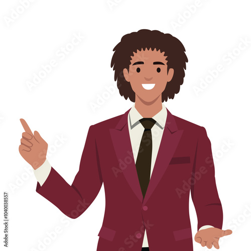 Businessman showing something or presenting project. Flat vector illustration isolated on white background