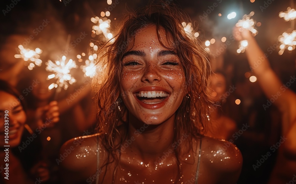 An image of happy friends holding sparklers at a rooftop party with blurred bokeh lights. An image of happy friends holding sparklers at a rooftop party with blurred bokeh lights.