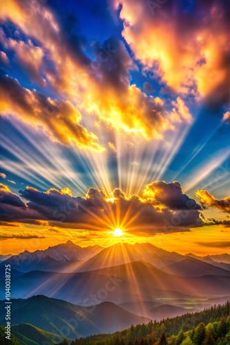 Golden rays illuminate sunset sky over mountain peaks and vivid sky