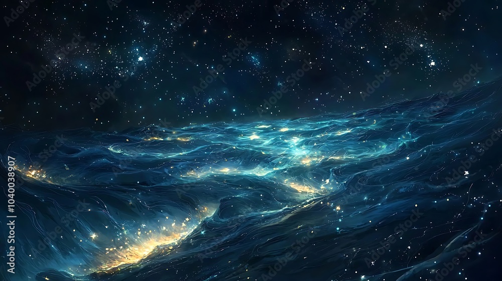 Fototapeta premium A mesmerizing night sea where glowing stars swirl beneath the surf in an enchanting cosmic dance