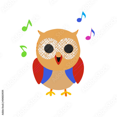 Singing Owl: A cute cartoon owl with big eyes sings along to colorful music notes, perfect for children's books, music education, and joyful illustrations.   photo