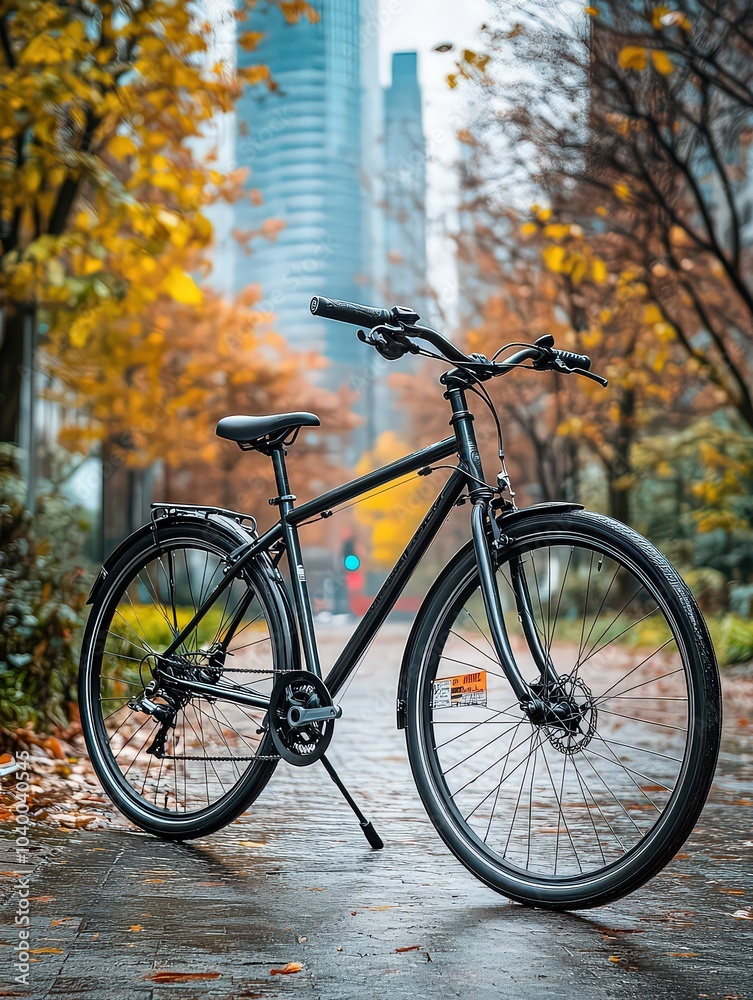 Classic black bicycle parked on a wet path surrounded by autumn trees in a cityscape, evoking a peaceful, urban vibe. Classic black bicycle parked on a wet path surrounded by autumn trees in a cityscape, evoking a peaceful, urban vibe.