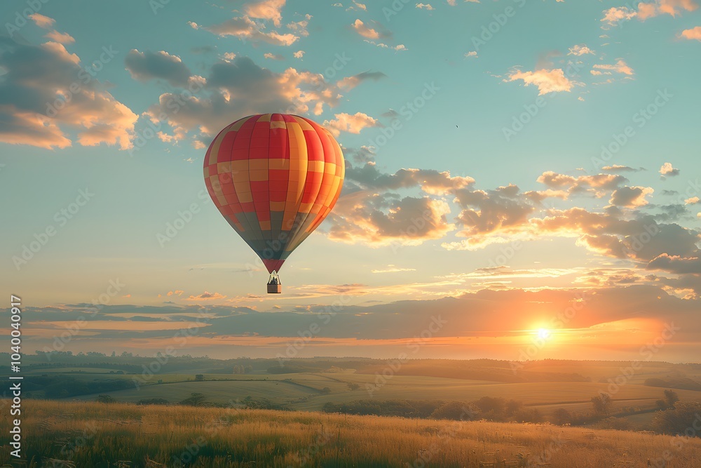 Obraz premium Serene Sunrise with a Colorful Hot Air Balloon Over Rolling Hills