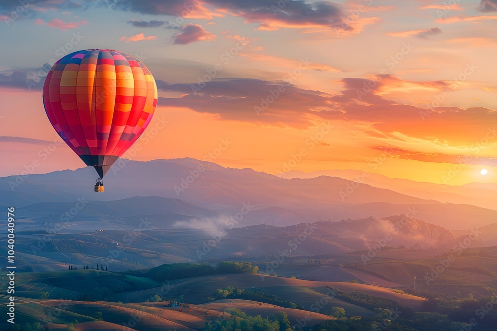 Fototapeta premium Serene Sunset Flight: A Colorful Hot Air Balloon Over Rolling Hills