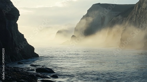 Ethereal sea fog embracing rocky cliffs