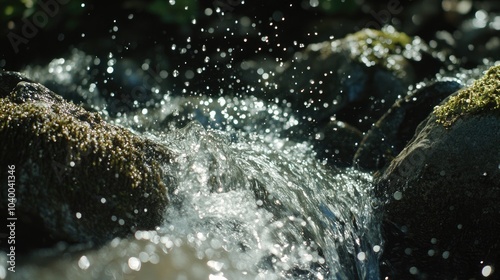 Sparkling Water Flowing Over Rocks in Nature