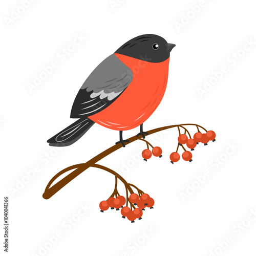 Bullfinch sits on a rowan branch. Winter red feather bird. Cute character. Vector illustration of small forest bird. Flat style.