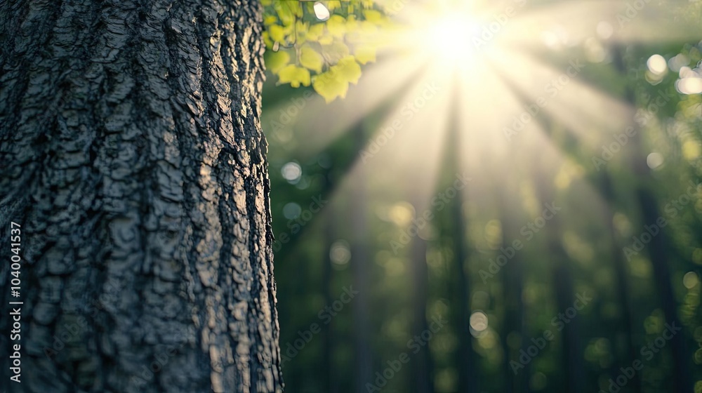 Obraz premium Tree trunk with sunlight filtering through leaves and a serene forest backdrop.