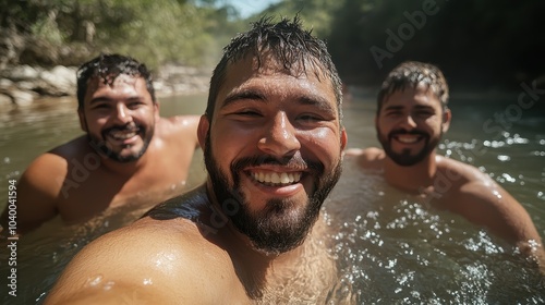 A group of happy men enjoying a refreshing swim in a scenic forest river surrounded by lush greenery, capturing a moment of camaraderie and summer leisure. photo