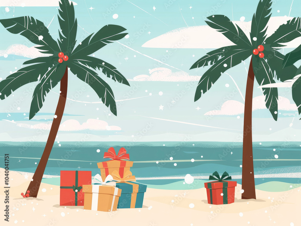 Obraz premium A tropical beach scene featuring palm trees, colorful gifts, and a snowy atmosphere, combining festive cheer with a warm coastal vibe.