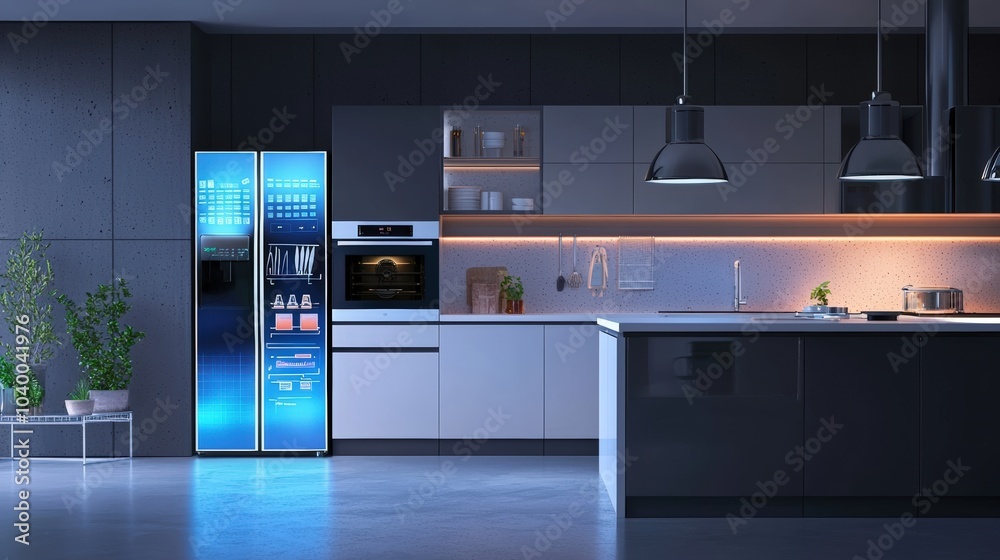 A kitchen with a refrigerator that has a screen on it A kitchen with a refrigerator that has a screen on it