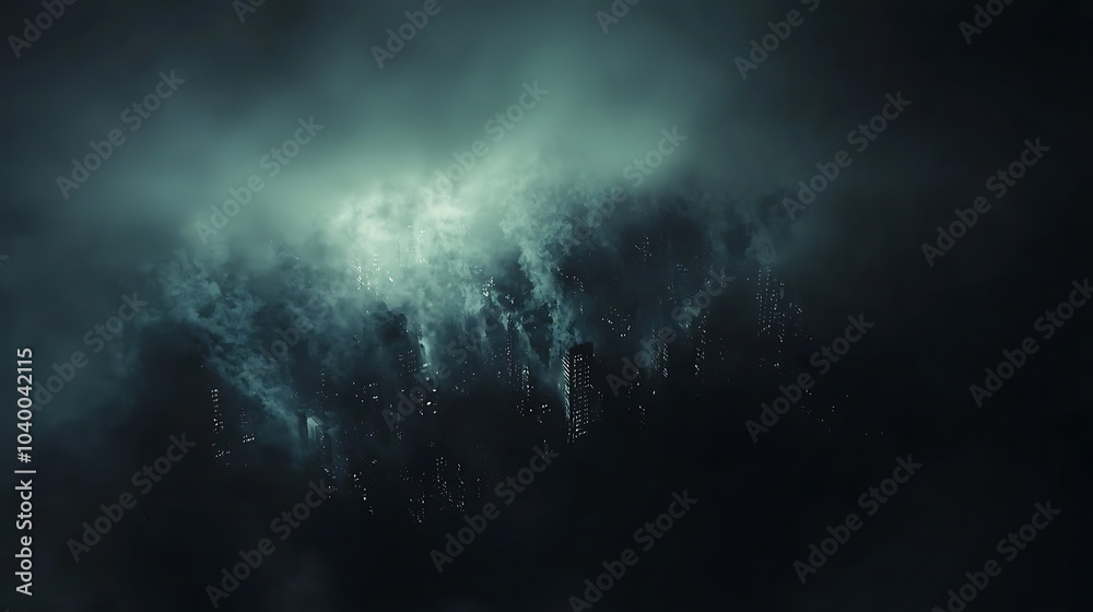 Enigmatic twilight a dark landscape shrouded in swirling clouds and distant glimmers of light Enigmatic twilight a dark landscape shrouded in swirling clouds and distant glimmers of light