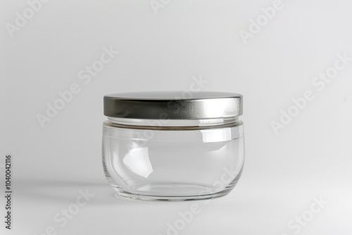A clear glass jar with a metallic lid, ideal for storage, organization, or decorative purposes, set against a minimalistic background.