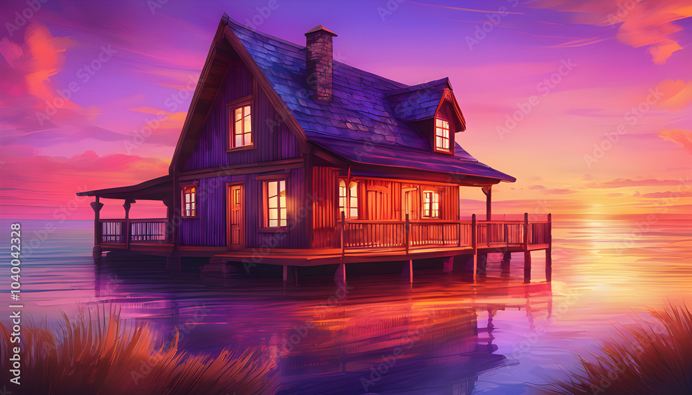 Watercolor painting of a wooden house by the sea at sunset. Watercolor painting of a wooden house by the sea at sunset.
