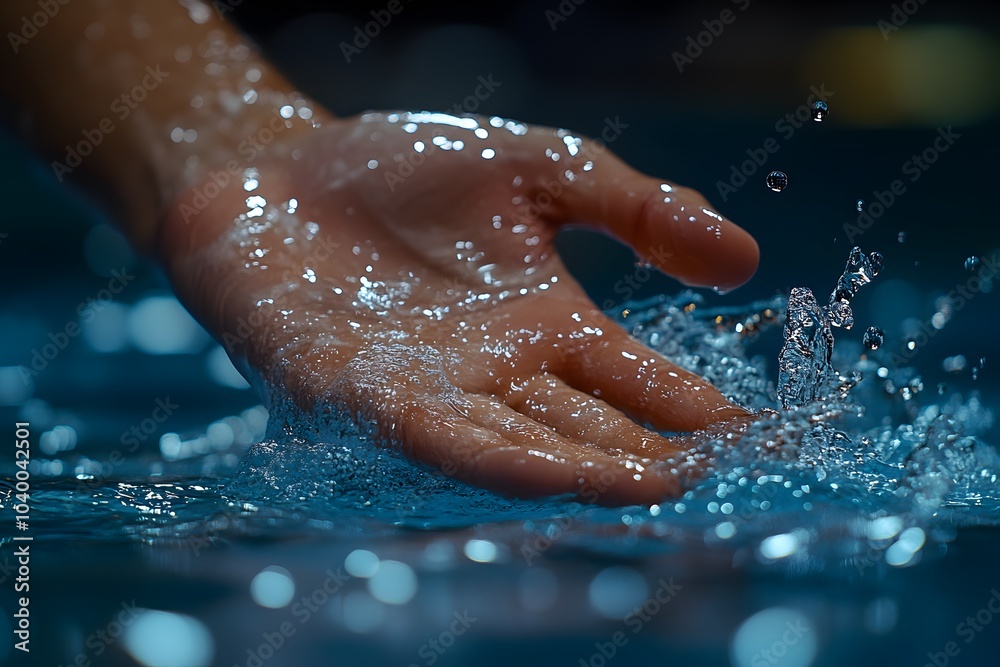 Fototapeta premium A hand interacts with water, creating splashes in a serene blue environment.