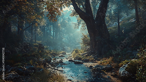 A serene forest oasis discovering tranquility along a flowing stream bathed in sunlight