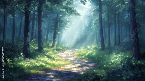 A path winding through a dense forest of pine, cedarwood, and eucalyptus, soft beams of light breaking through the canopy, a peaceful and calm atmosphere, gentle mist in the distance,