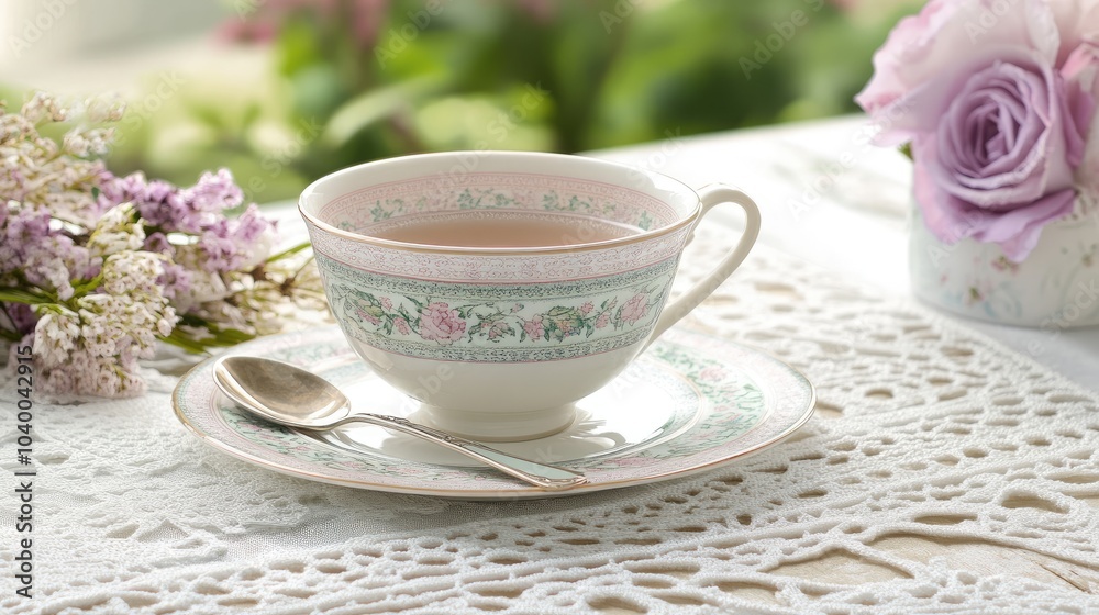 Elegant Tea Cup with Flowers and Soft Lighting Elegant Tea Cup with Flowers and Soft Lighting