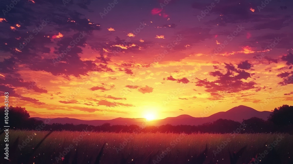 Vibrant Sunset Over Peaceful Landscape at Dusk Vibrant Sunset Over Peaceful Landscape at Dusk