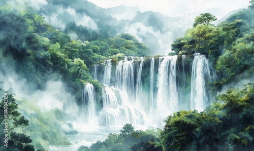 Watercolor Shifen Taiwan Waterfalls National Park Beautiful waterfalls, abundant, many foreigners come to visit
