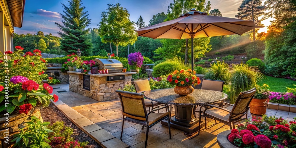 Obraz premium Inviting Outdoor Living Space with Grill, Umbrella, and Lush Landscaping for Relaxation and Entertainment