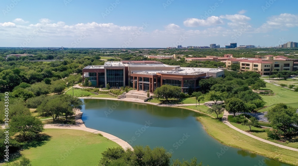 Scenic View of Modern Building by Tranquil Lake Scenic View of Modern Building by Tranquil Lake