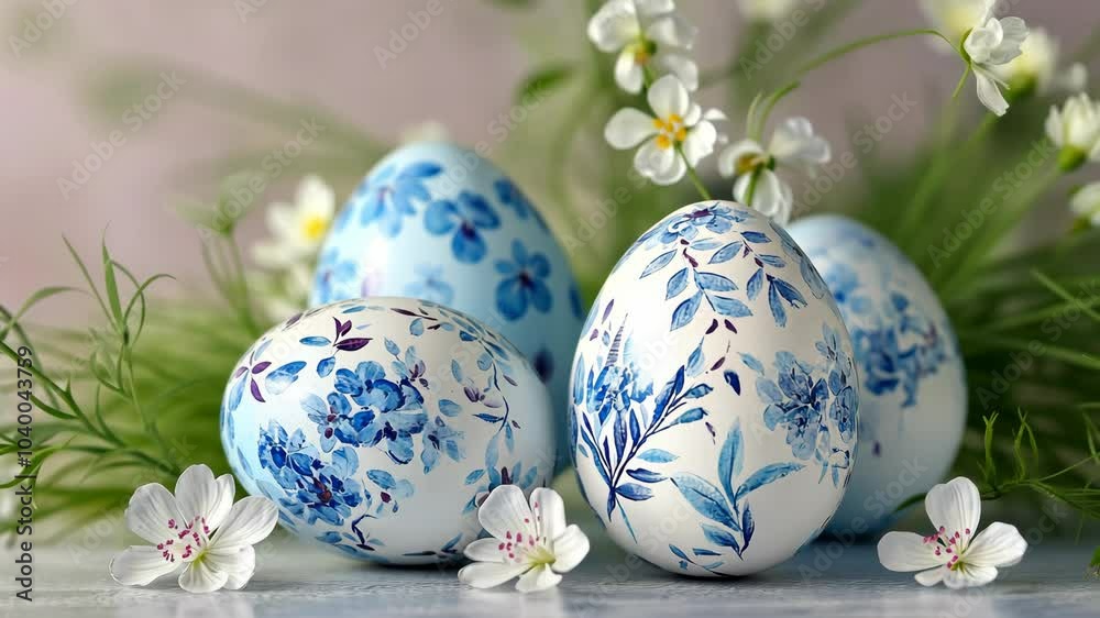 Four beautifully decorated Easter eggs rest among white flowers and green grass