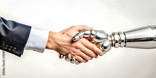 Glossy Human Robotic Handshake Image Partnership Collaboration Copy Space Photo Stock Concept for Branding and Text