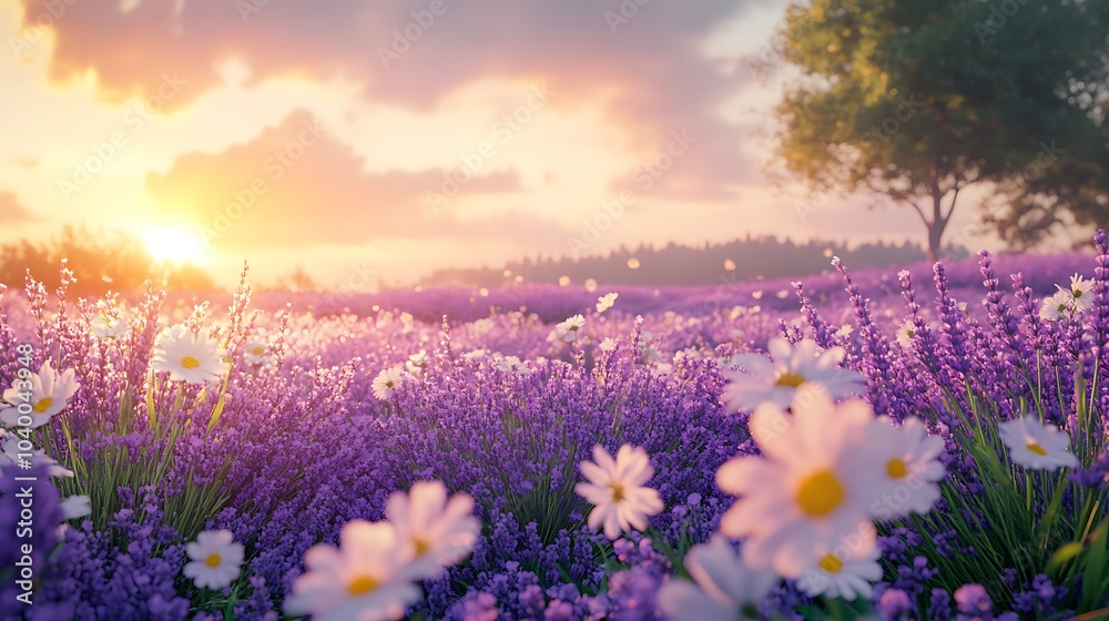 Obraz premium A peaceful lavender garden with vanilla and chamomile blossoms, soft sunlight creating a gentle glow, calm breeze gently moving the flowers, capturing the essence of relaxation and tranquility,