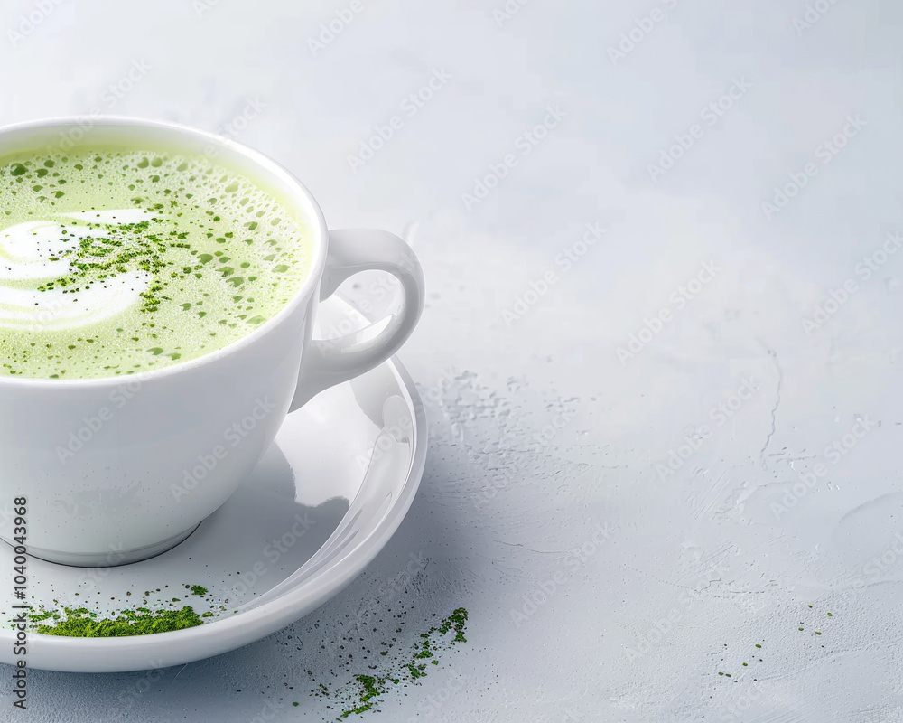A smooth green beverage in a white cup atop a matching saucer, adorned with a sprinkle of green powder, set against a soft gray background. A smooth green beverage in a white cup atop a matching saucer, adorned with a sprinkle of green powder, set against a soft gray background.